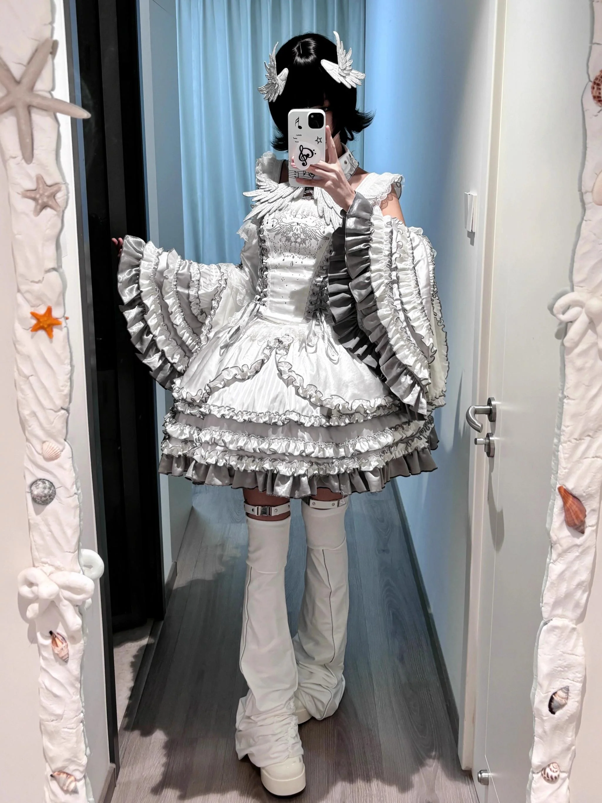 LustrE - Metallic Angel - Silver-white Punk Lolita JSK, Wing and Rhinestone Details - Image 8