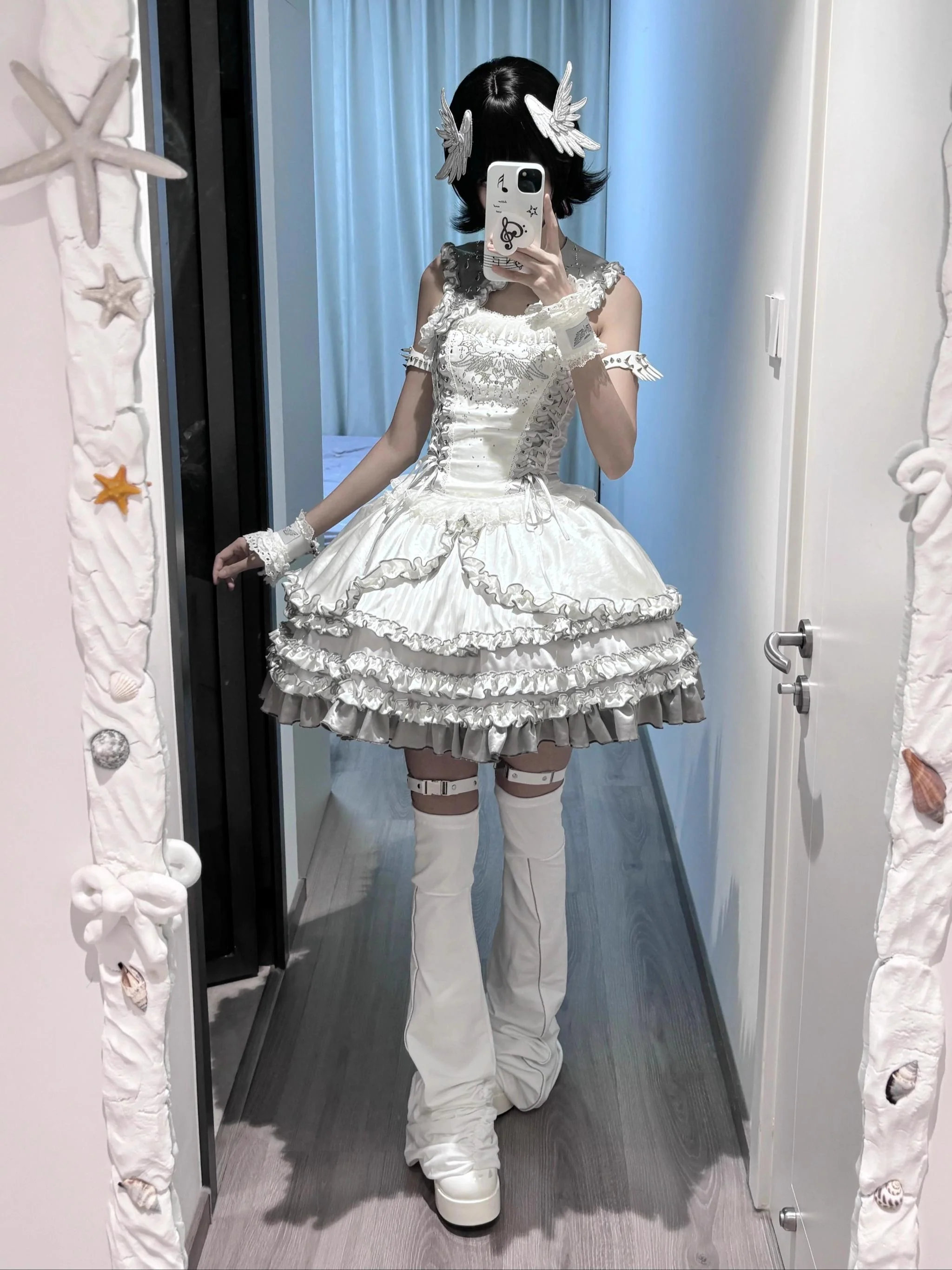 LustrE - Metallic Angel - Silver-white Punk Lolita JSK, Wing and Rhinestone Details - Image 9