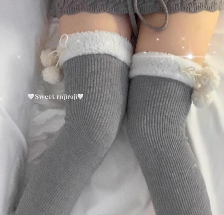 Roji Roji - Winter Fuzzy Ball Lolita Socks Over Knee Thick Socks - Image 12