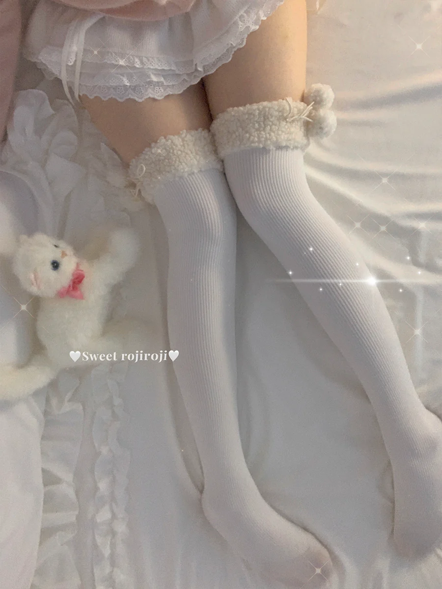 Roji Roji - Winter Fuzzy Ball Lolita Socks Over Knee Thick Socks - Image 14