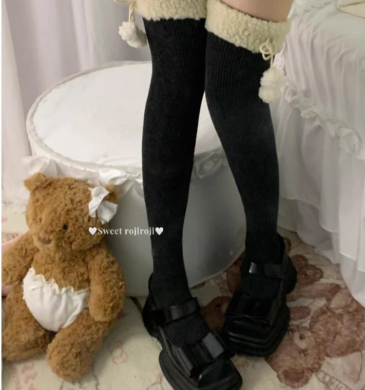 Roji Roji - Winter Fuzzy Ball Lolita Socks Over Knee Thick Socks - Image 5