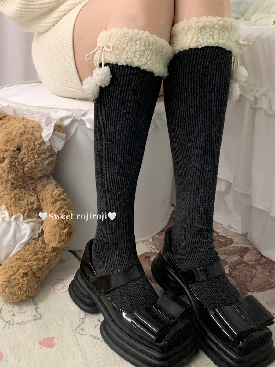 Roji Roji - Winter Fuzzy Ball Lolita Socks Over Knee Thick Socks - Image 7