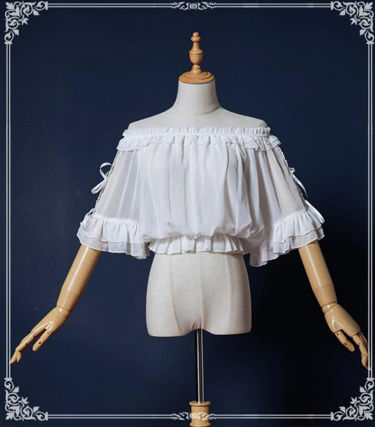 Sweet Lolita Blouse Chiffon Round Neck Flounce Sleeve Shirt - Image 5