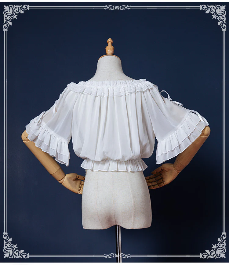 Sweet Lolita Blouse Chiffon Round Neck Flounce Sleeve Shirt - Image 6