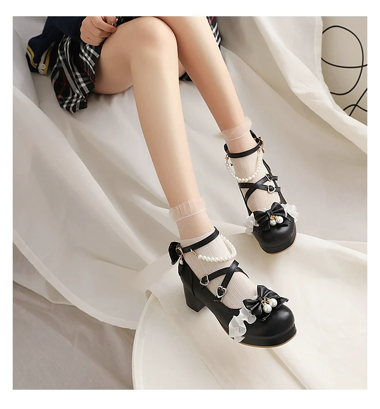 Yana - Round Toe Sweet Lolita Shoes, Detachable Pearl Chain - Image 11