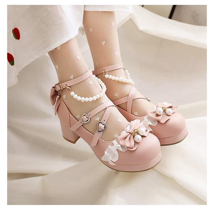 Yana - Round Toe Sweet Lolita Shoes, Detachable Pearl Chain - Image 13