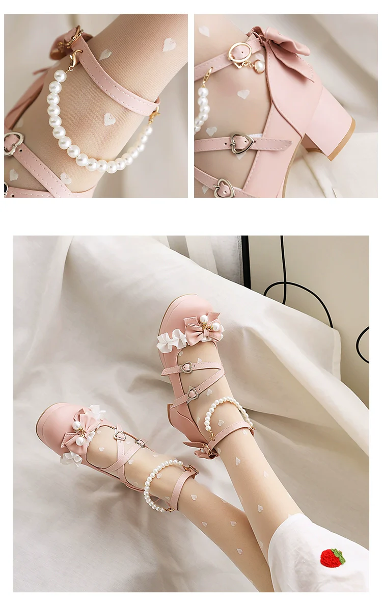 Yana - Round Toe Sweet Lolita Shoes, Detachable Pearl Chain - Image 14