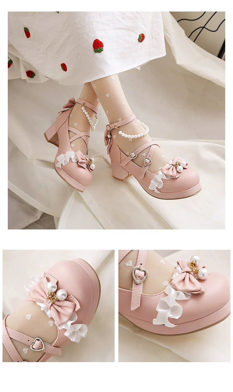 Yana - Round Toe Sweet Lolita Shoes, Detachable Pearl Chain - Image 16