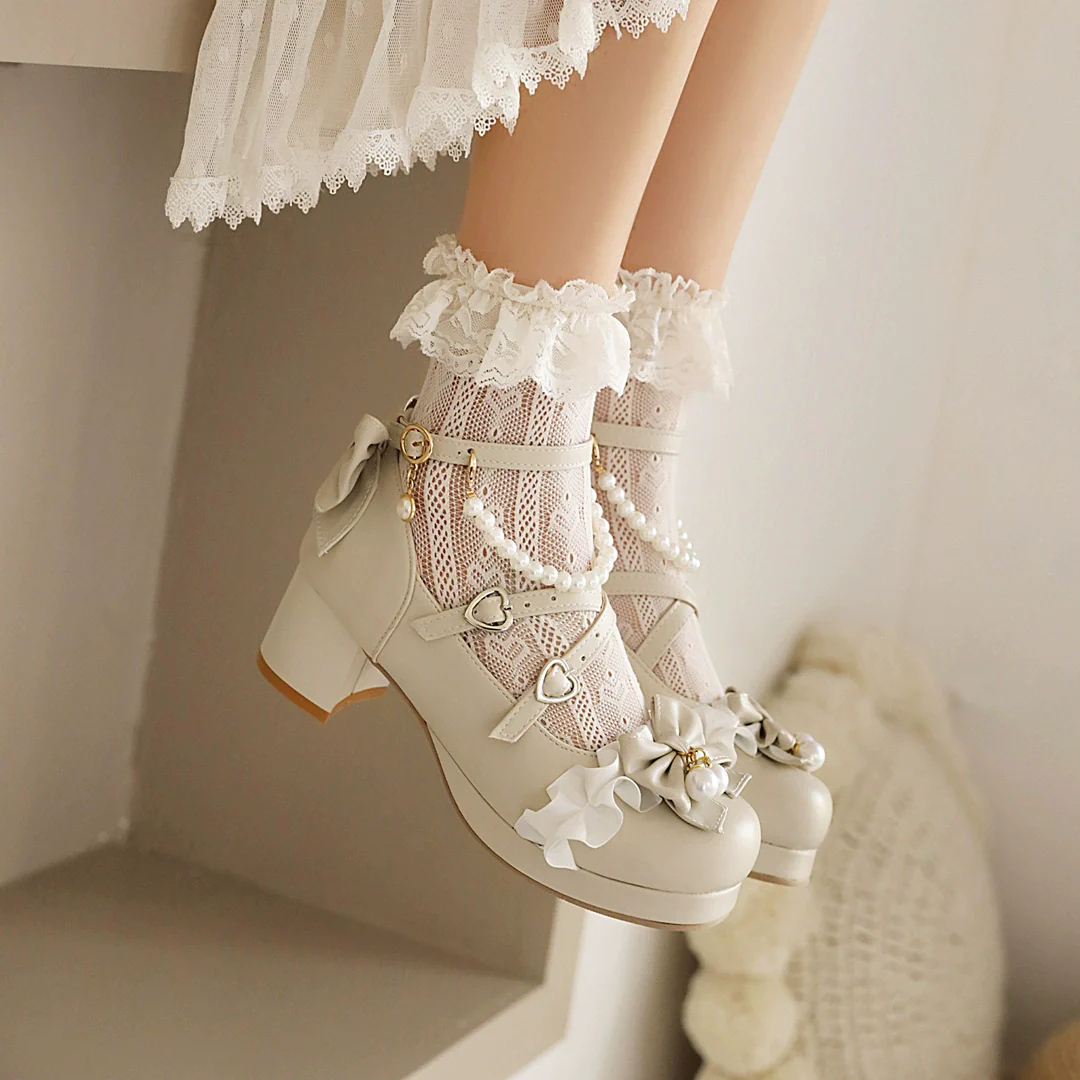 Yana - Round Toe Sweet Lolita Shoes, Detachable Pearl Chain - Image 7