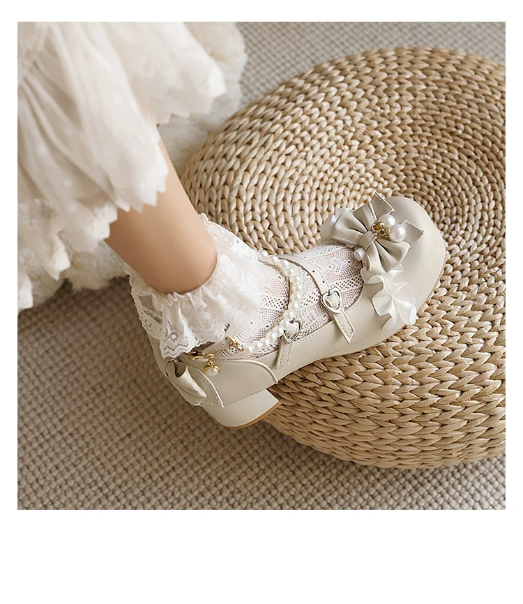 Yana - Round Toe Sweet Lolita Shoes, Detachable Pearl Chain - Image 8