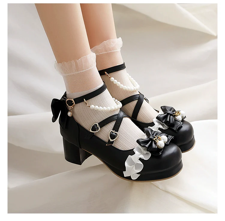 Yana - Round Toe Sweet Lolita Shoes, Detachable Pearl Chain - Image 9