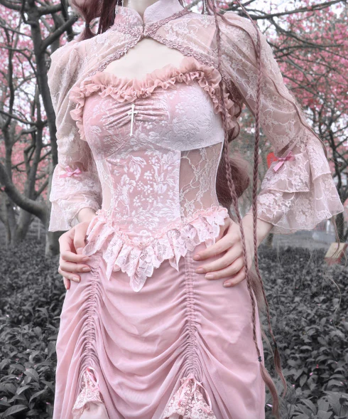 Blood Supply - Sakura Nightmare - Pink Gothic Velvet Drawstring Dress - Image 10