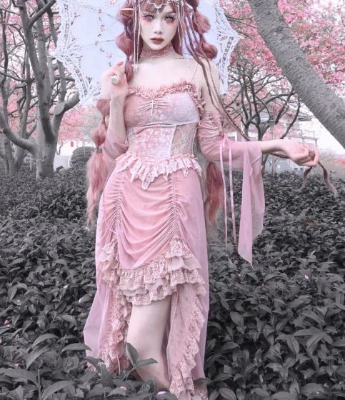 Blood Supply - Sakura Nightmare - Pink Gothic Velvet Drawstring Dress - Image 11