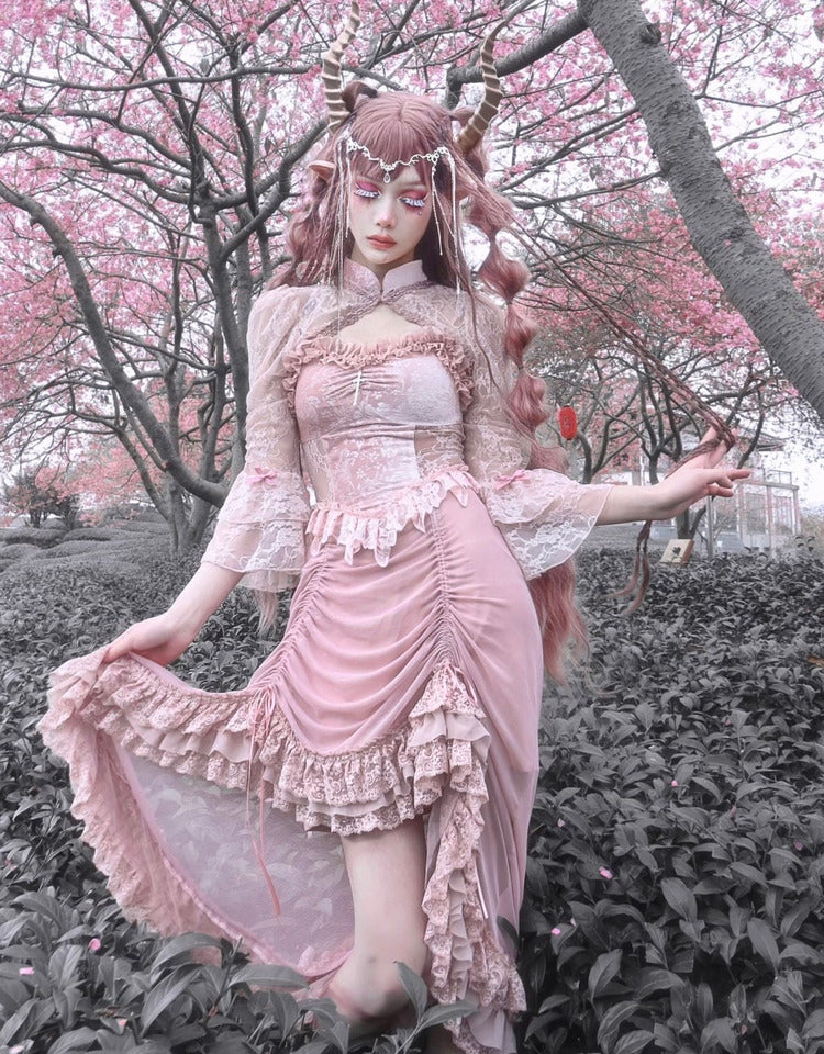 Blood Supply - Sakura Nightmare - Pink Gothic Velvet Drawstring Dress - Image 20