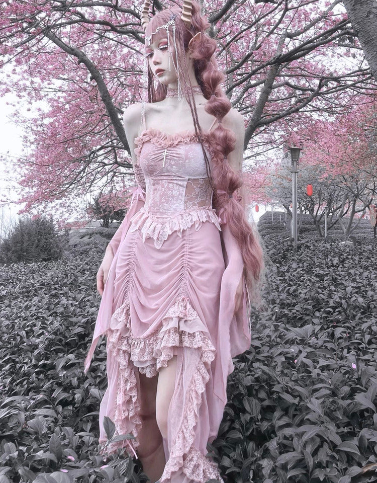 Blood Supply - Sakura Nightmare - Pink Gothic Velvet Drawstring Dress - Image 22