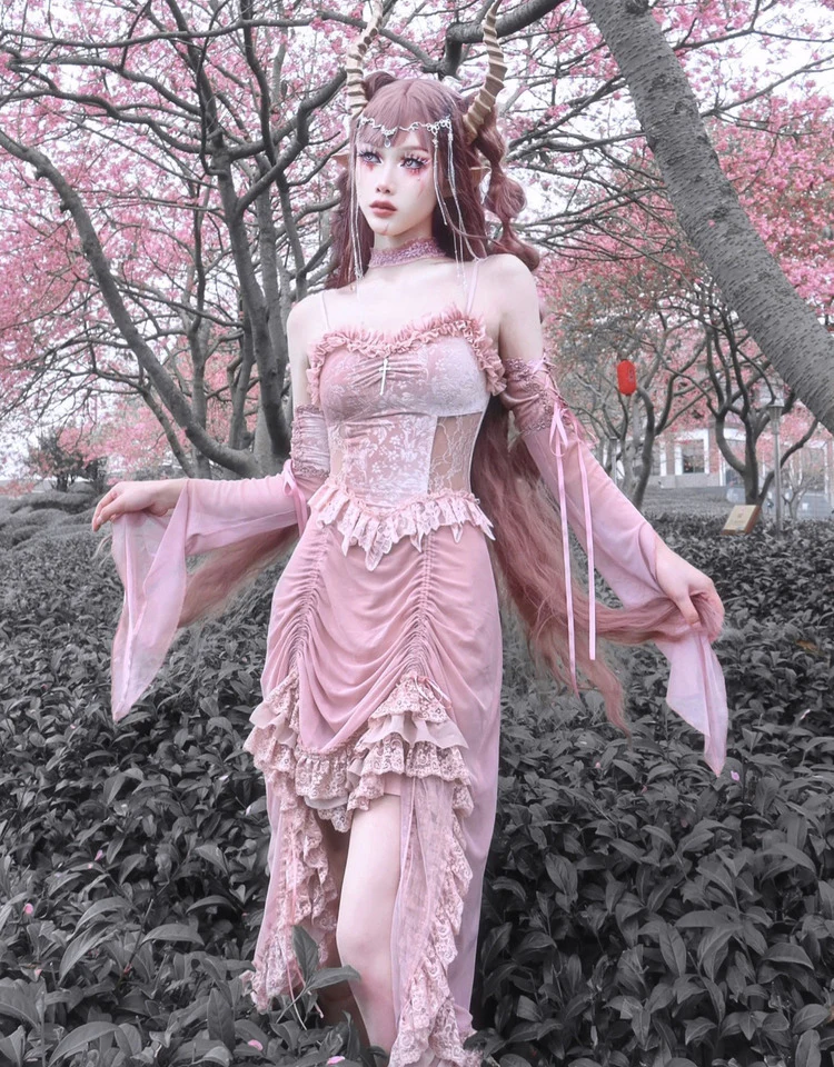 Blood Supply - Sakura Nightmare - Pink Gothic Velvet Drawstring Dress - Image 23