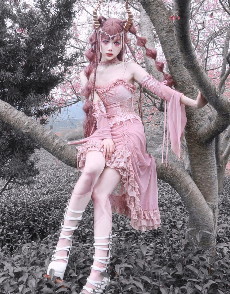 Blood Supply - Sakura Nightmare - Pink Gothic Velvet Drawstring Dress - Image 24