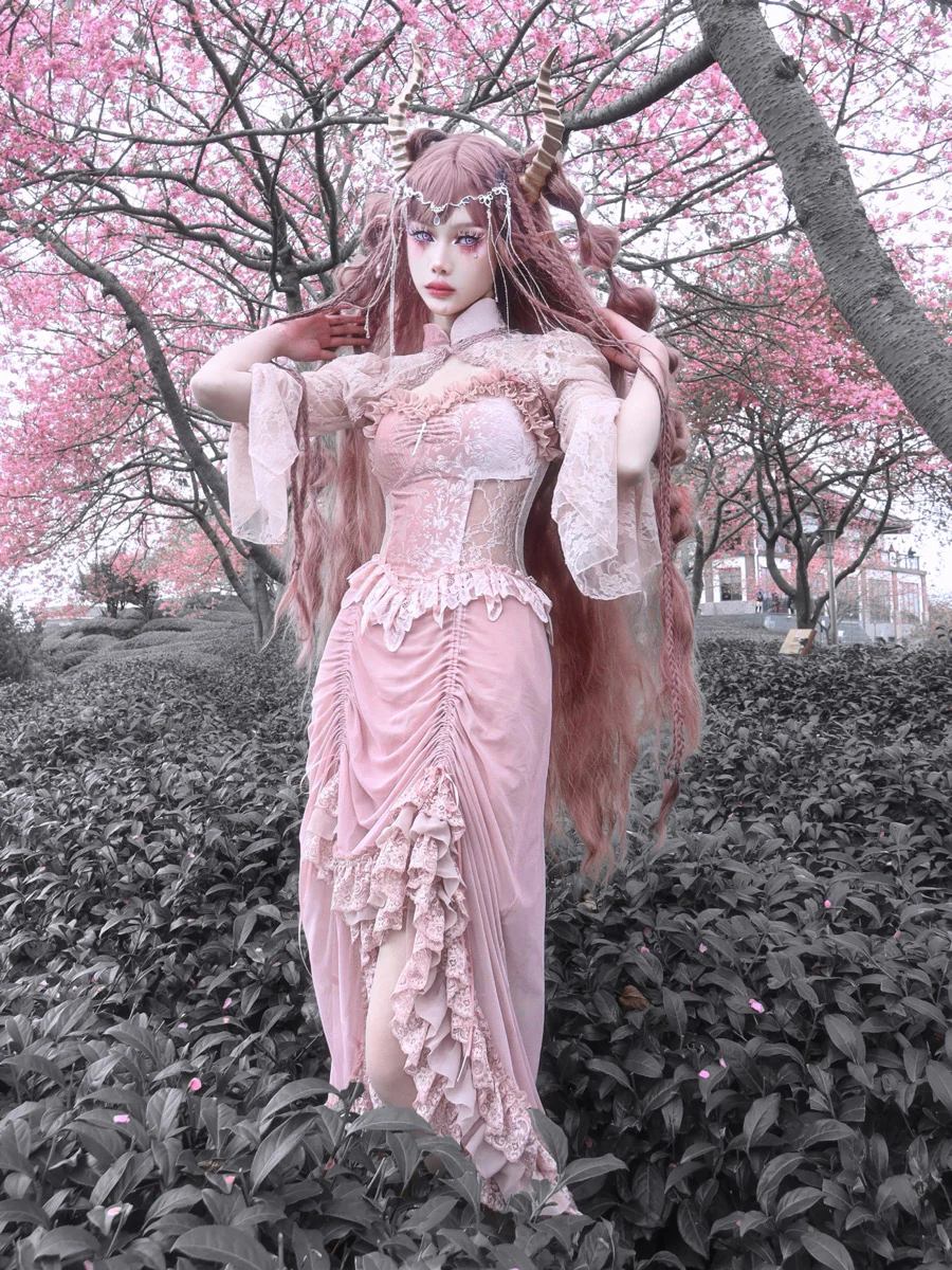 Blood Supply - Sakura Nightmare - Pink Gothic Velvet Drawstring Dress - Image 9