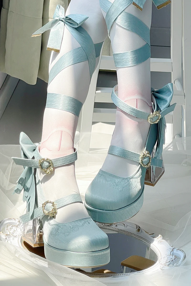 Dreamland - Floating Koi Land - Satin Classic Lolita Platform Shoes, Transparent Heel - Image 10