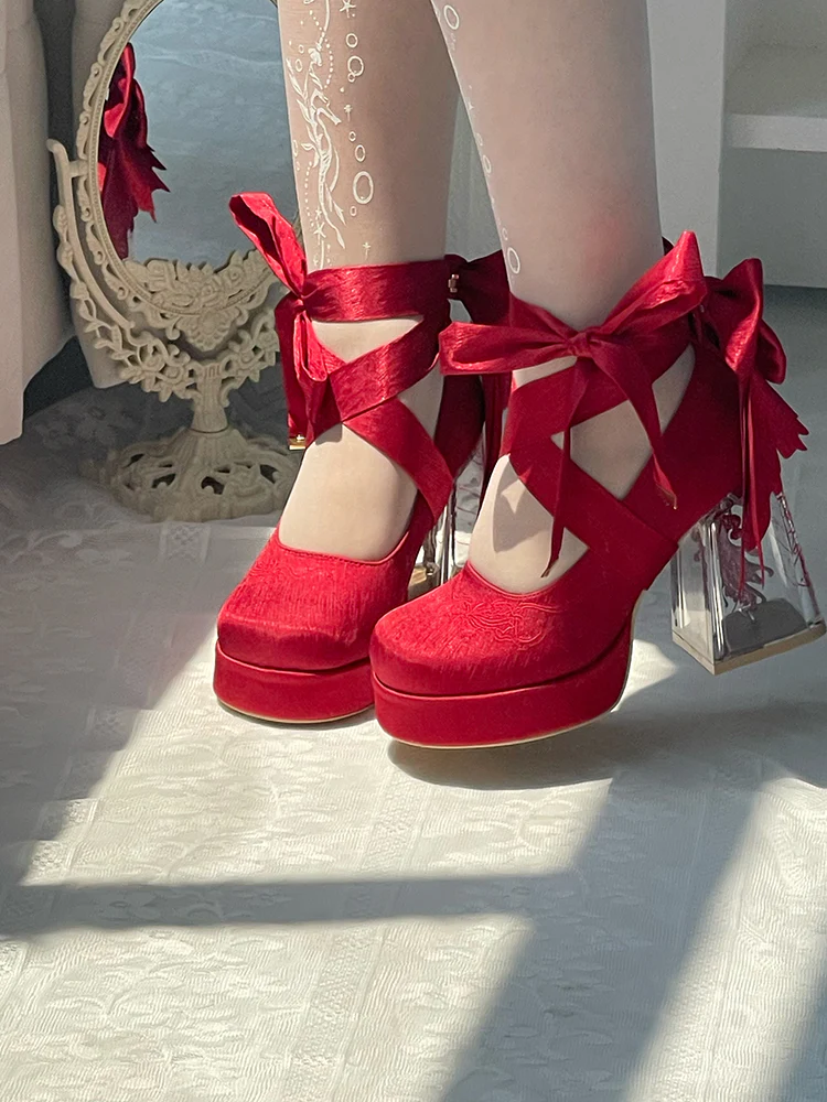 Dreamland - Floating Koi Land - Satin Classic Lolita Platform Shoes, Transparent Heel - Image 2