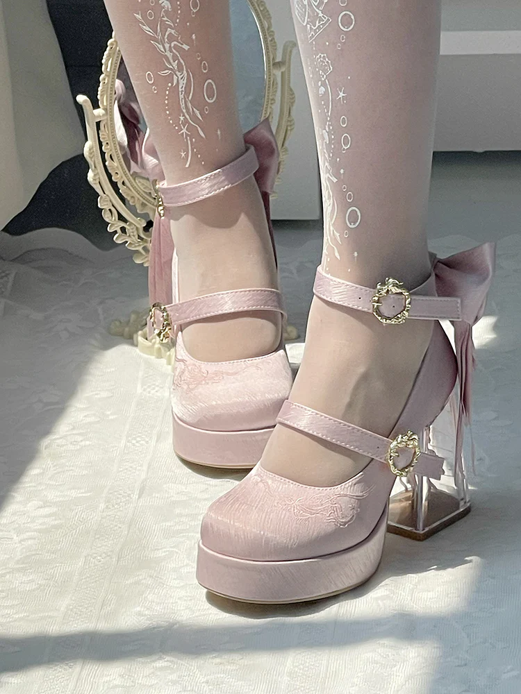 Dreamland - Floating Koi Land - Satin Classic Lolita Platform Shoes, Transparent Heel - Image 3