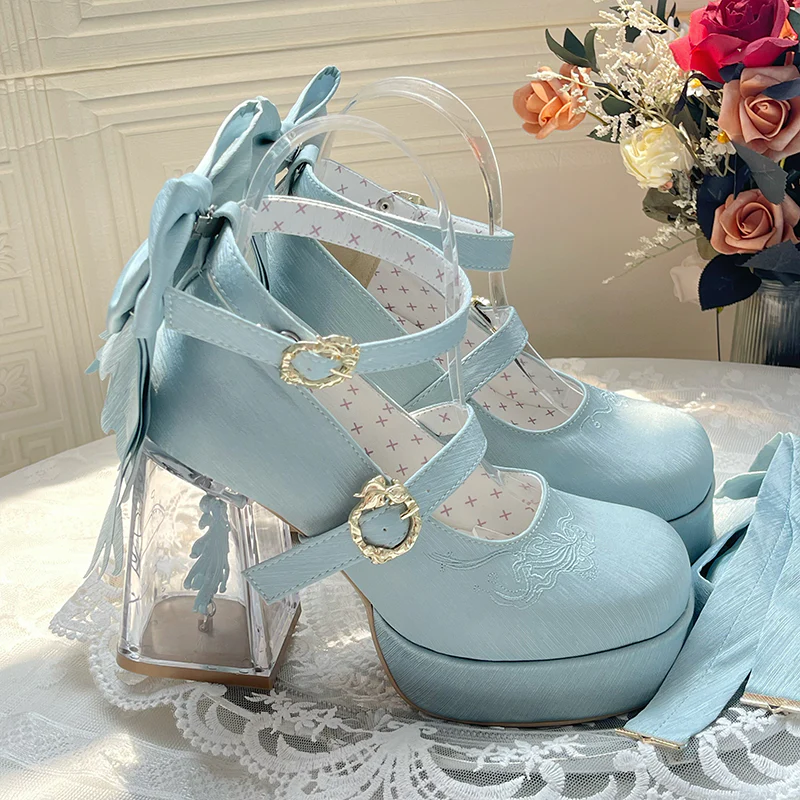 Dreamland - Floating Koi Land - Satin Classic Lolita Platform Shoes, Transparent Heel - Image 30