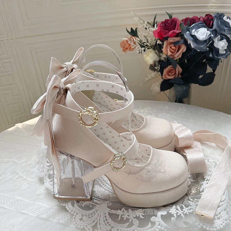 Dreamland - Floating Koi Land - Satin Classic Lolita Platform Shoes, Transparent Heel - Image 31