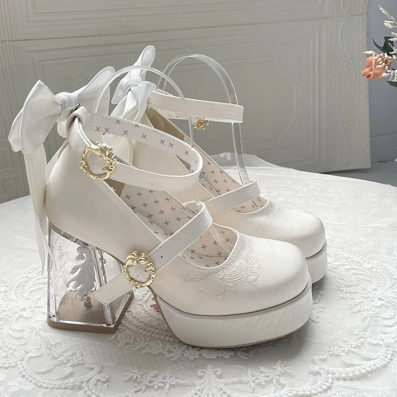 Dreamland - Floating Koi Land - Satin Classic Lolita Platform Shoes, Transparent Heel - Image 34