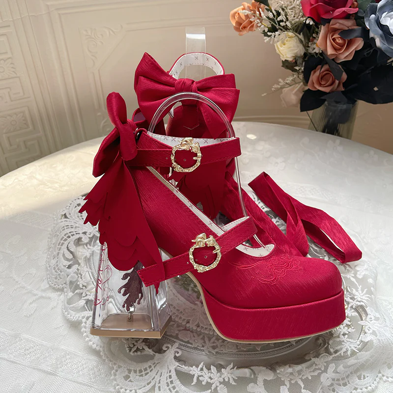 Dreamland - Floating Koi Land - Satin Classic Lolita Platform Shoes, Transparent Heel - Image 36