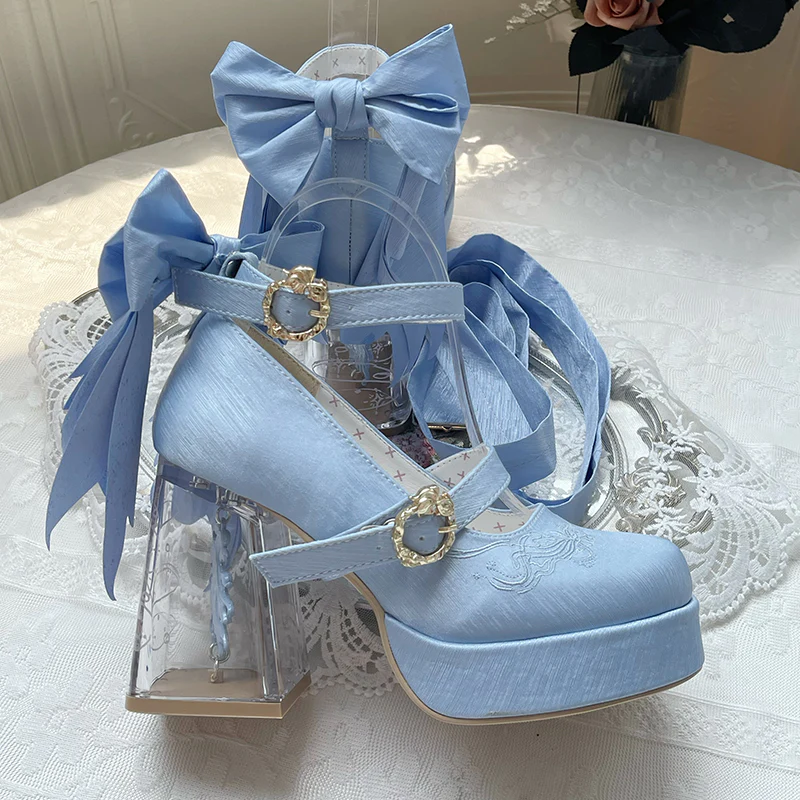 Dreamland - Floating Koi Land - Satin Classic Lolita Platform Shoes, Transparent Heel - Image 39