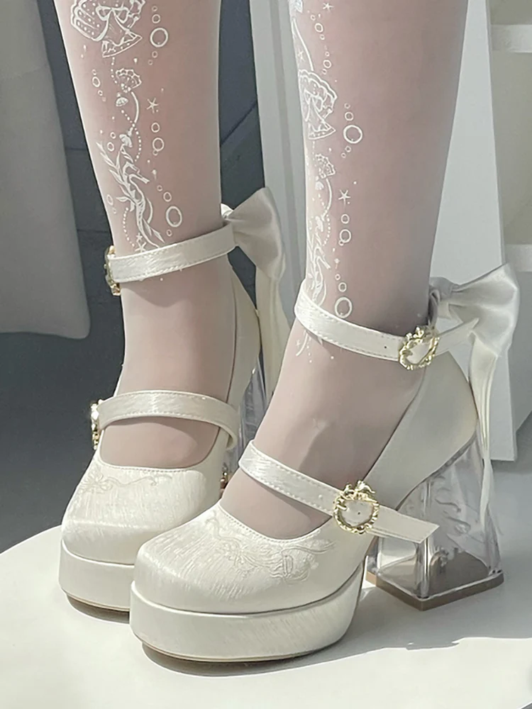 Dreamland - Floating Koi Land - Satin Classic Lolita Platform Shoes, Transparent Heel - Image 4