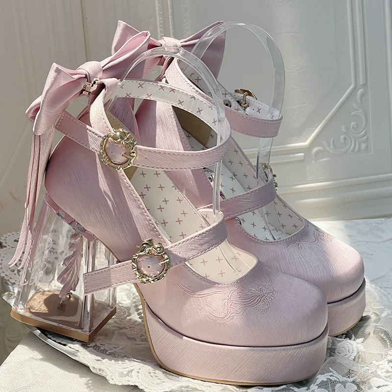 Dreamland - Floating Koi Land - Satin Classic Lolita Platform Shoes, Transparent Heel - Image 41