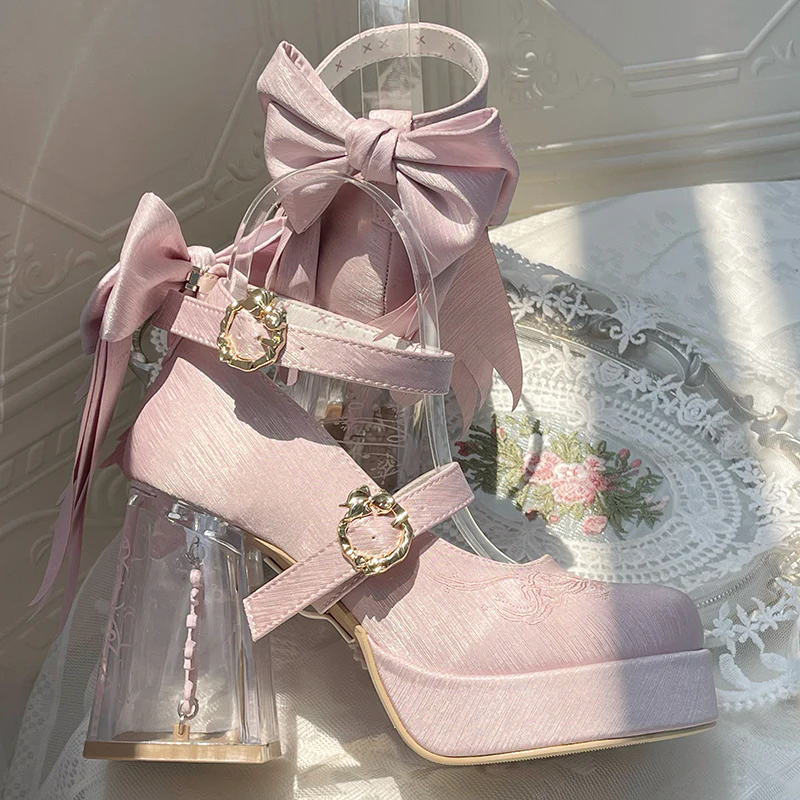Dreamland - Floating Koi Land - Satin Classic Lolita Platform Shoes, Transparent Heel - Image 42