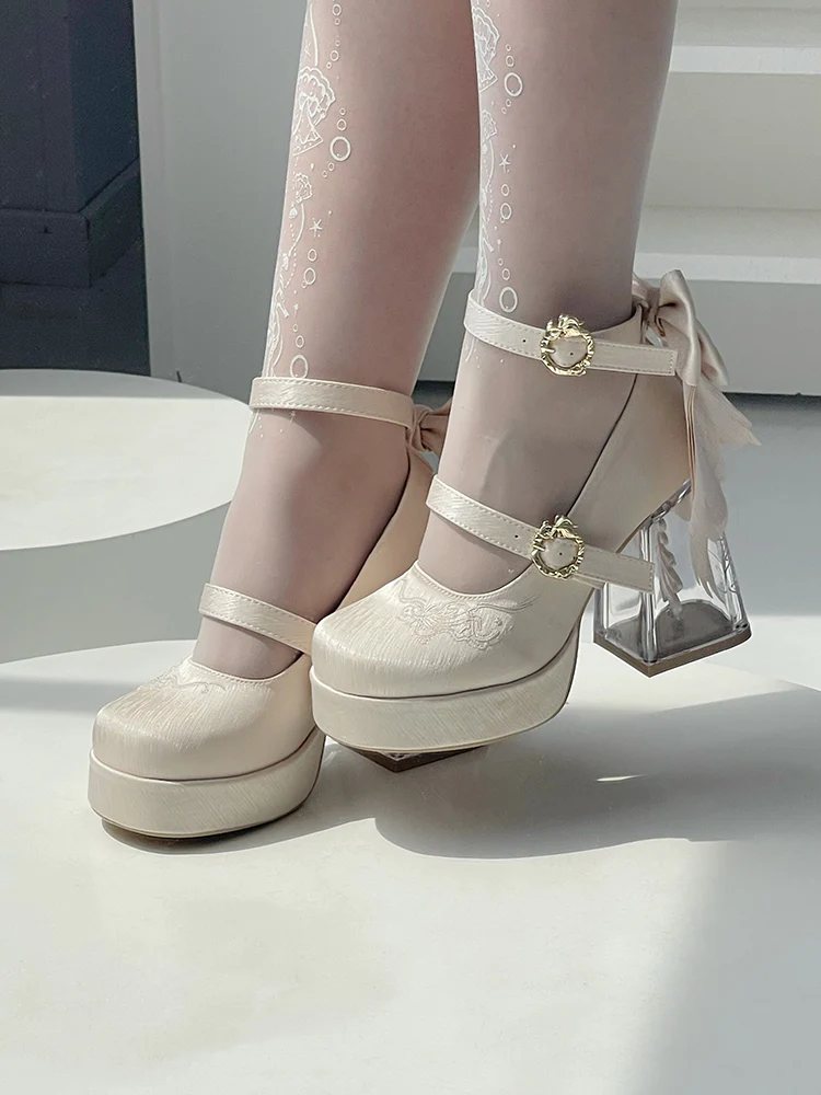 Dreamland - Floating Koi Land - Satin Classic Lolita Platform Shoes, Transparent Heel - Image 5