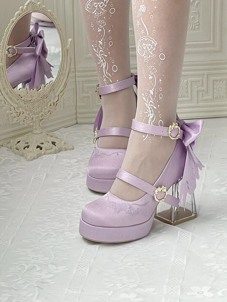 Dreamland - Floating Koi Land - Satin Classic Lolita Platform Shoes, Transparent Heel - Image 6