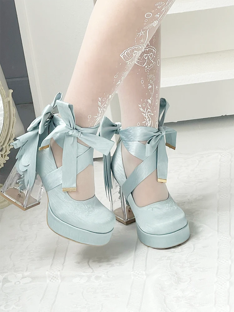 Dreamland - Floating Koi Land - Satin Classic Lolita Platform Shoes, Transparent Heel - Image 7