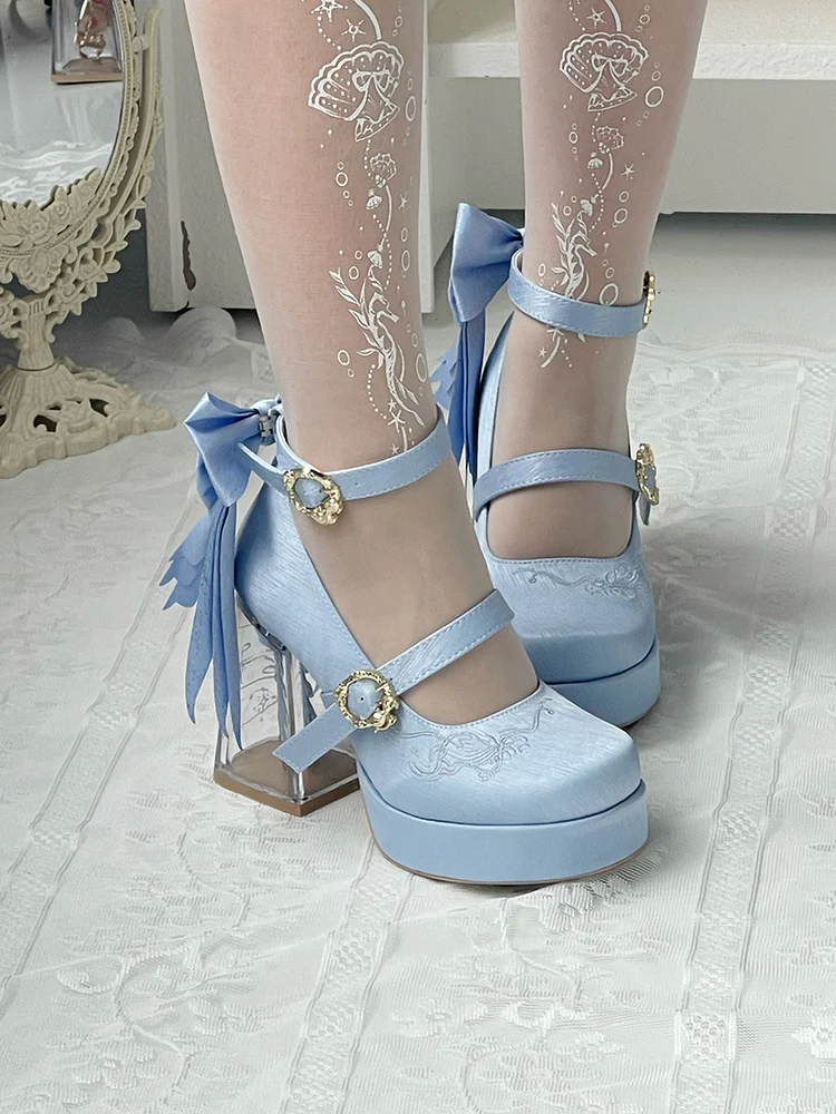 Dreamland - Floating Koi Land - Satin Classic Lolita Platform Shoes, Transparent Heel - Image 8