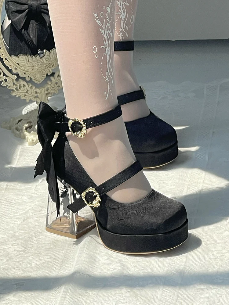 Dreamland - Floating Koi Land - Satin Classic Lolita Platform Shoes, Transparent Heel - Image 9