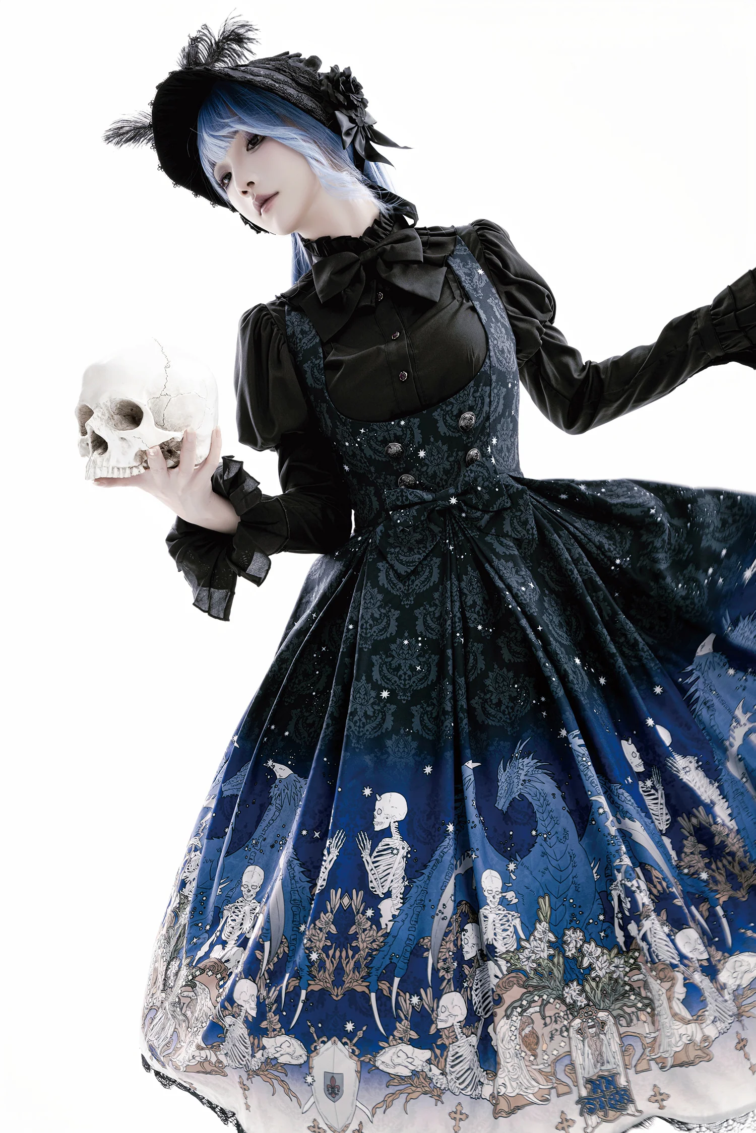 Dragonbone Lily - Dragon Skeleton Print Gothic Lolita Bust-supporting JSK and BNT - Image 10