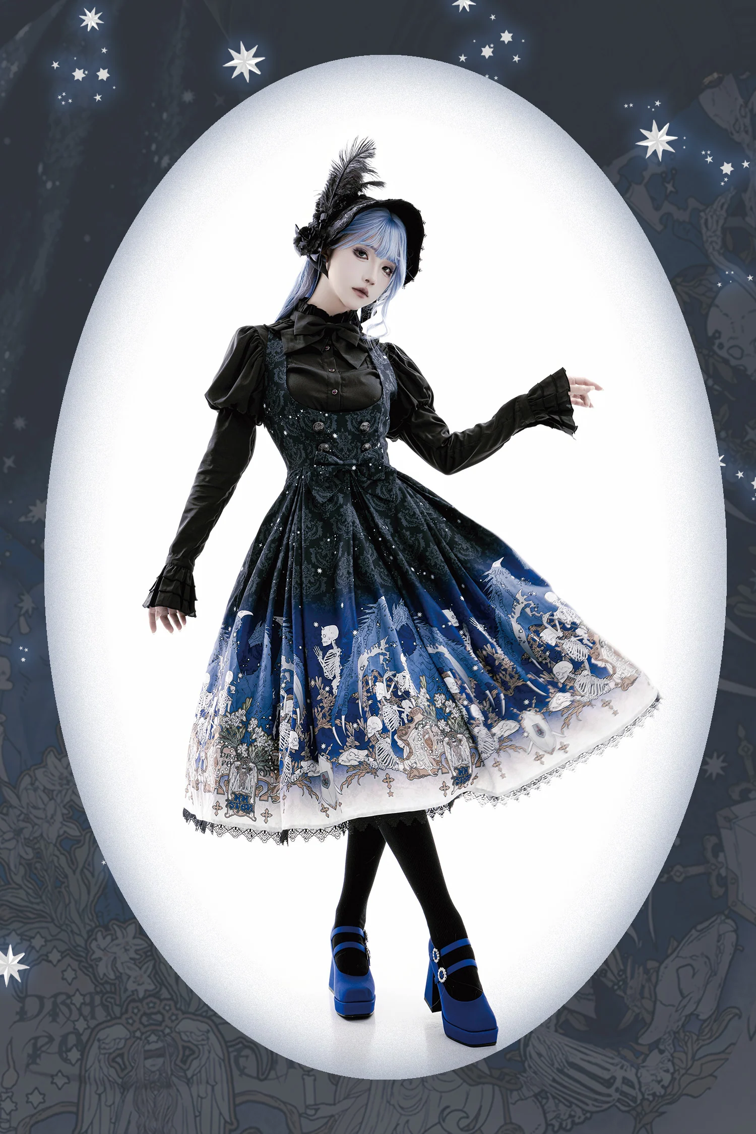 Dragonbone Lily - Dragon Skeleton Print Gothic Lolita Bust-supporting JSK and BNT - Image 12