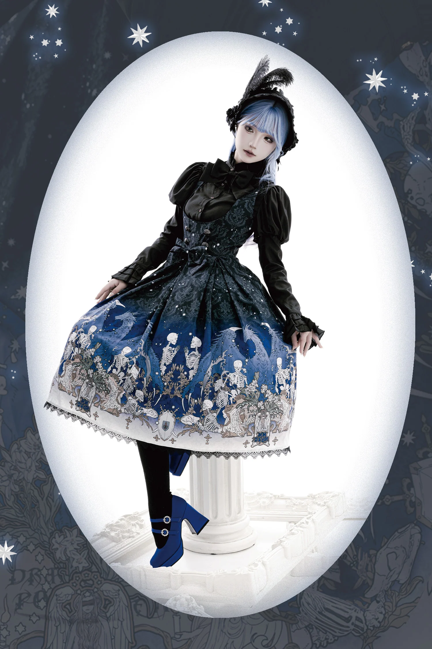 Dragonbone Lily - Dragon Skeleton Print Gothic Lolita Bust-supporting JSK and BNT - Image 13