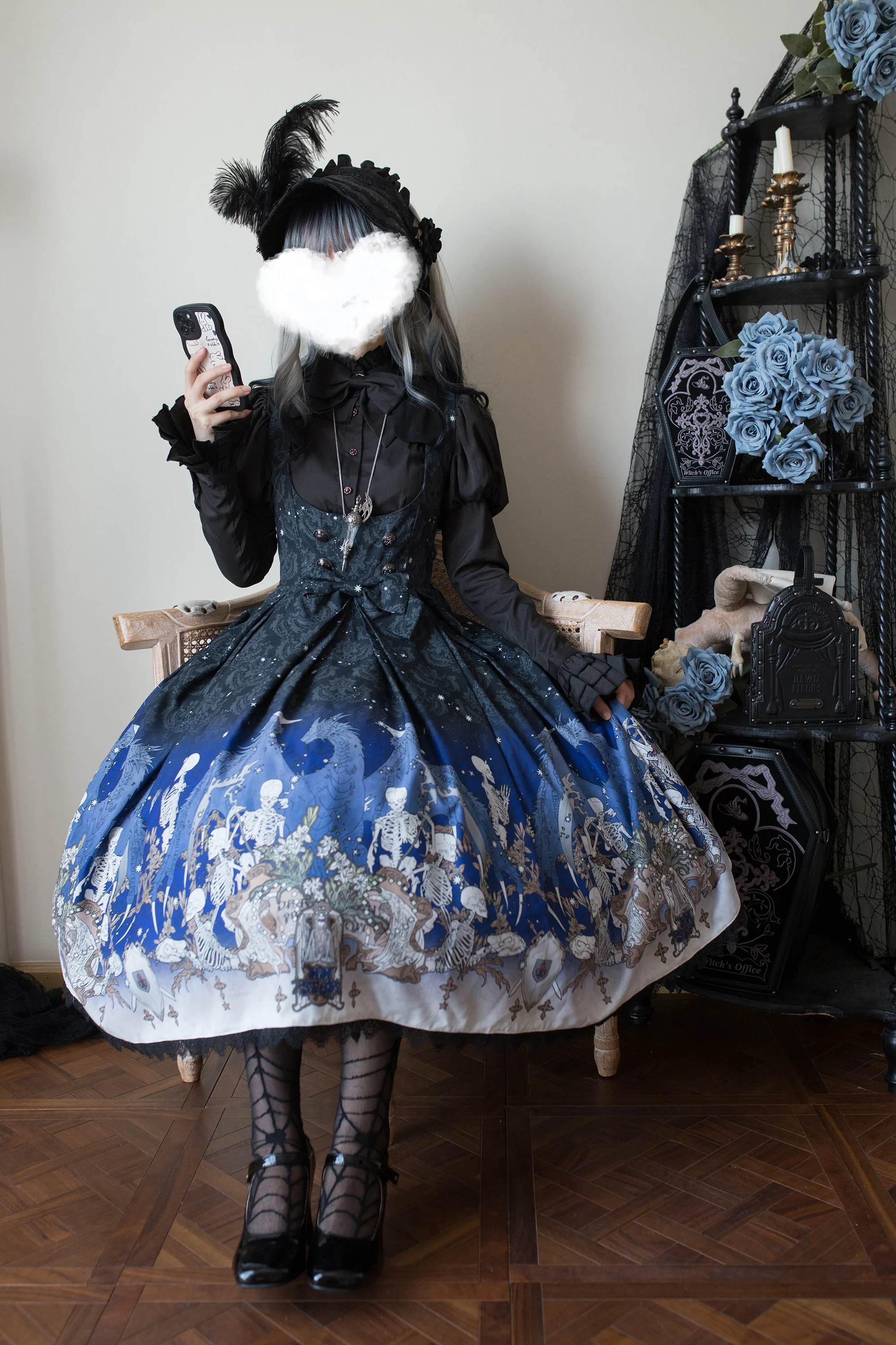 Dragonbone Lily - Dragon Skeleton Print Gothic Lolita Bust-supporting JSK and BNT - Image 16