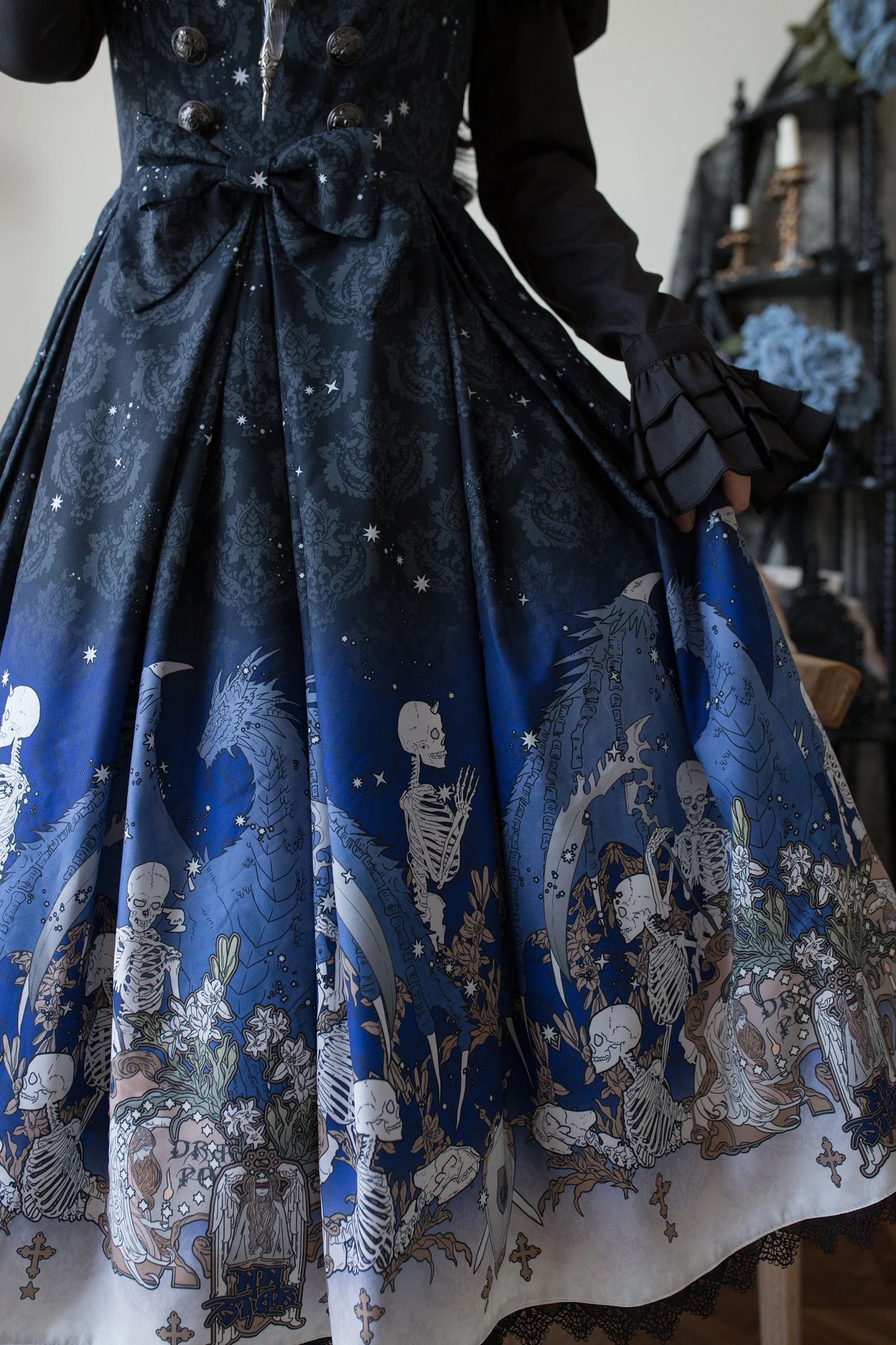Dragonbone Lily - Dragon Skeleton Print Gothic Lolita Bust-supporting JSK and BNT - Image 17