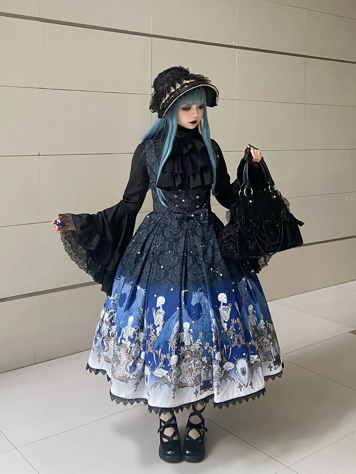 Dragonbone Lily - Dragon Skeleton Print Gothic Lolita Bust-supporting JSK and BNT - Image 19