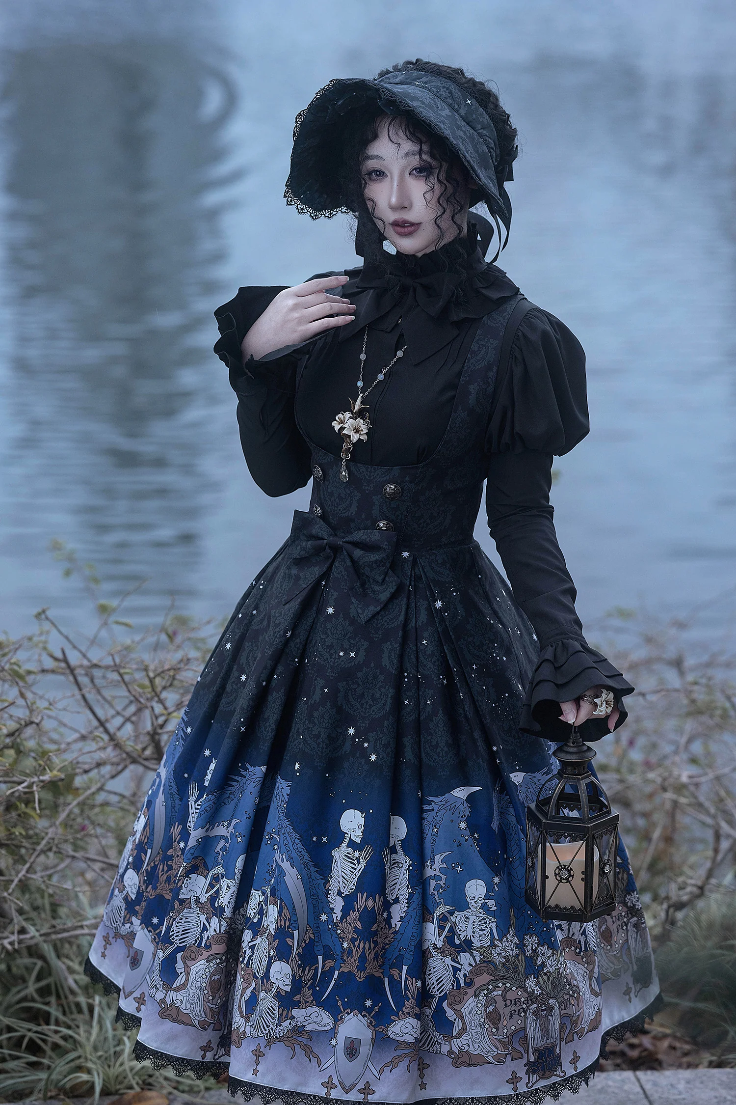 Dragonbone Lily - Dragon Skeleton Print Gothic Lolita Bust-supporting JSK and BNT - Image 2
