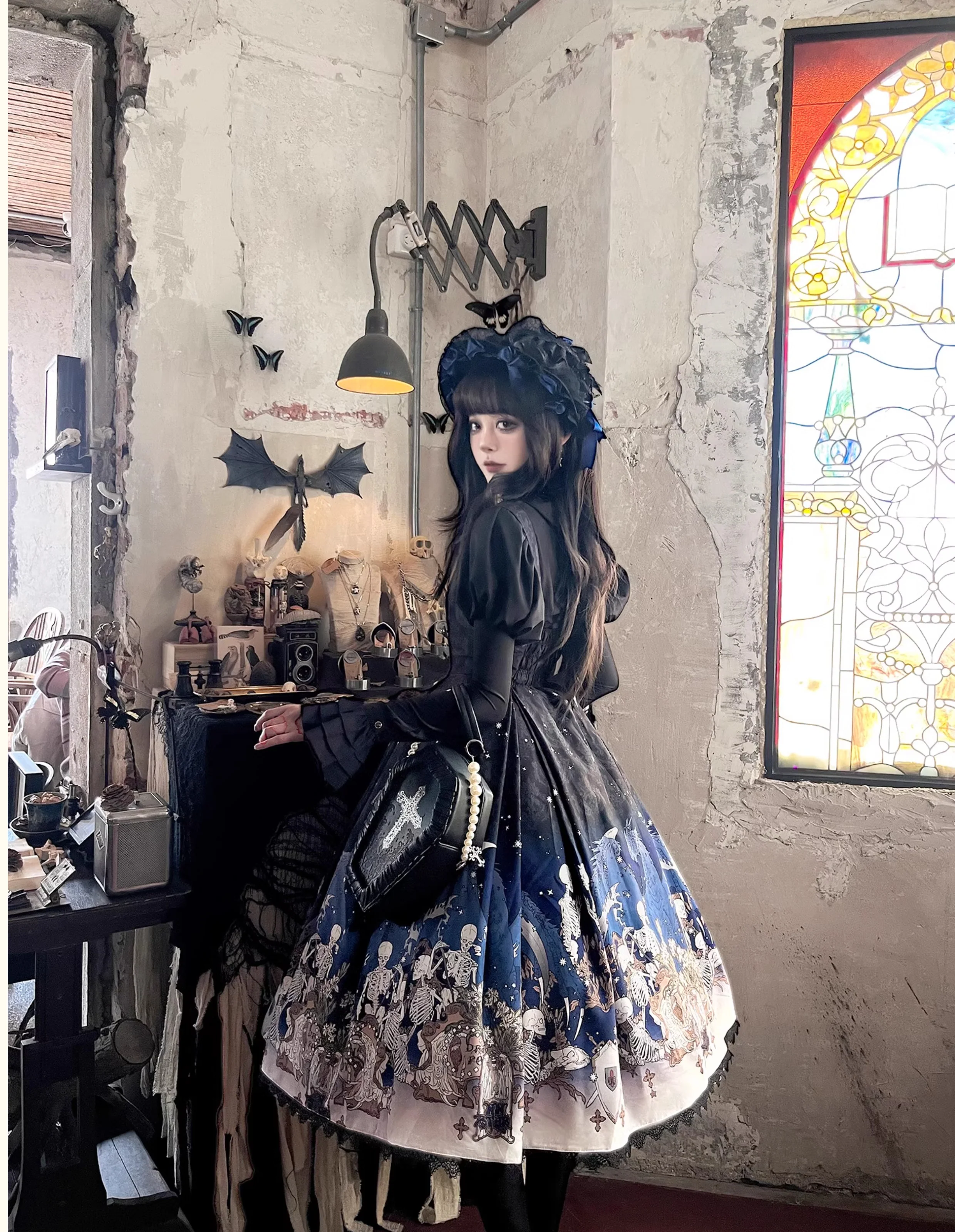 Dragonbone Lily - Dragon Skeleton Print Gothic Lolita Bust-supporting JSK and BNT - Image 22