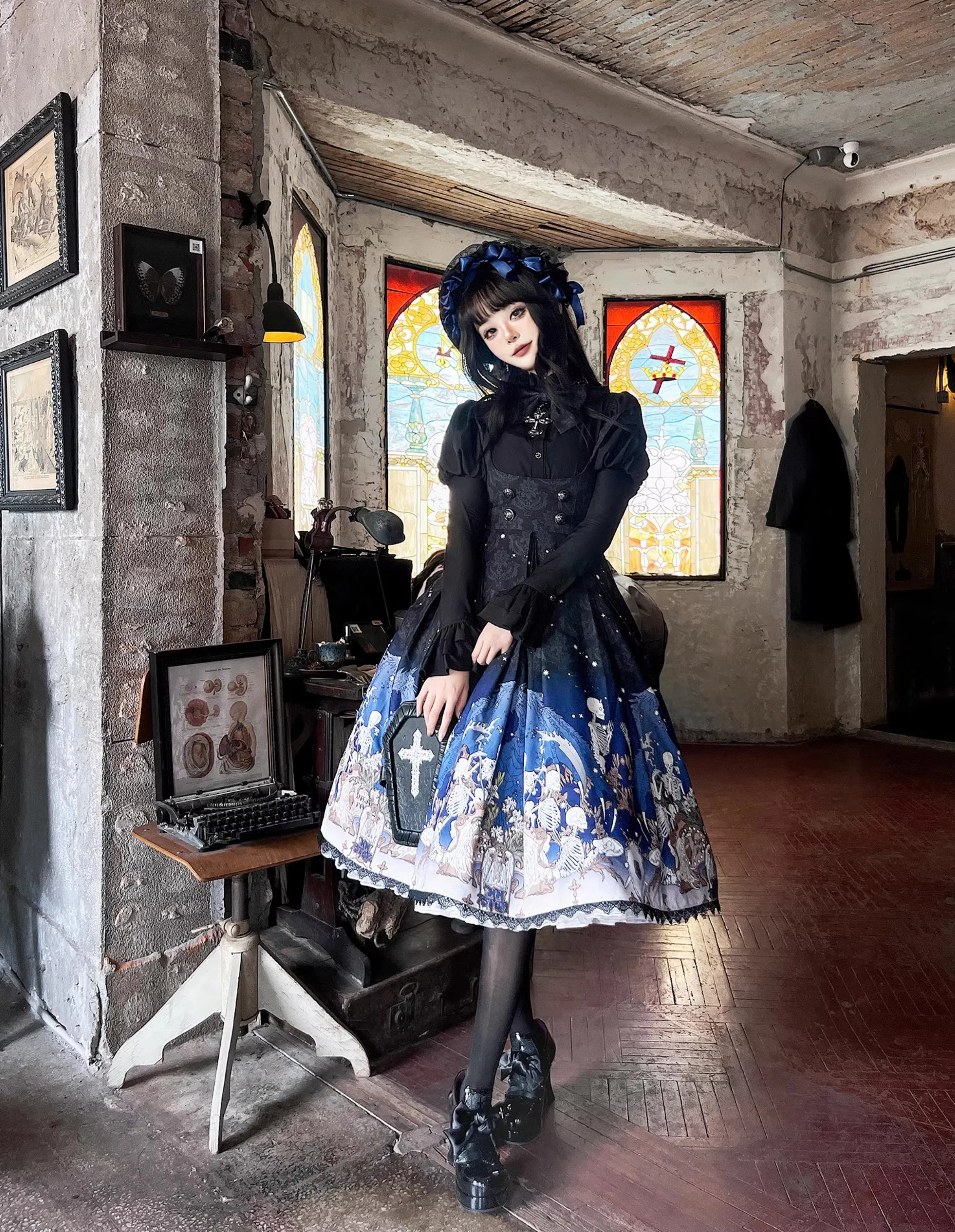 Dragonbone Lily - Dragon Skeleton Print Gothic Lolita Bust-supporting JSK and BNT - Image 24