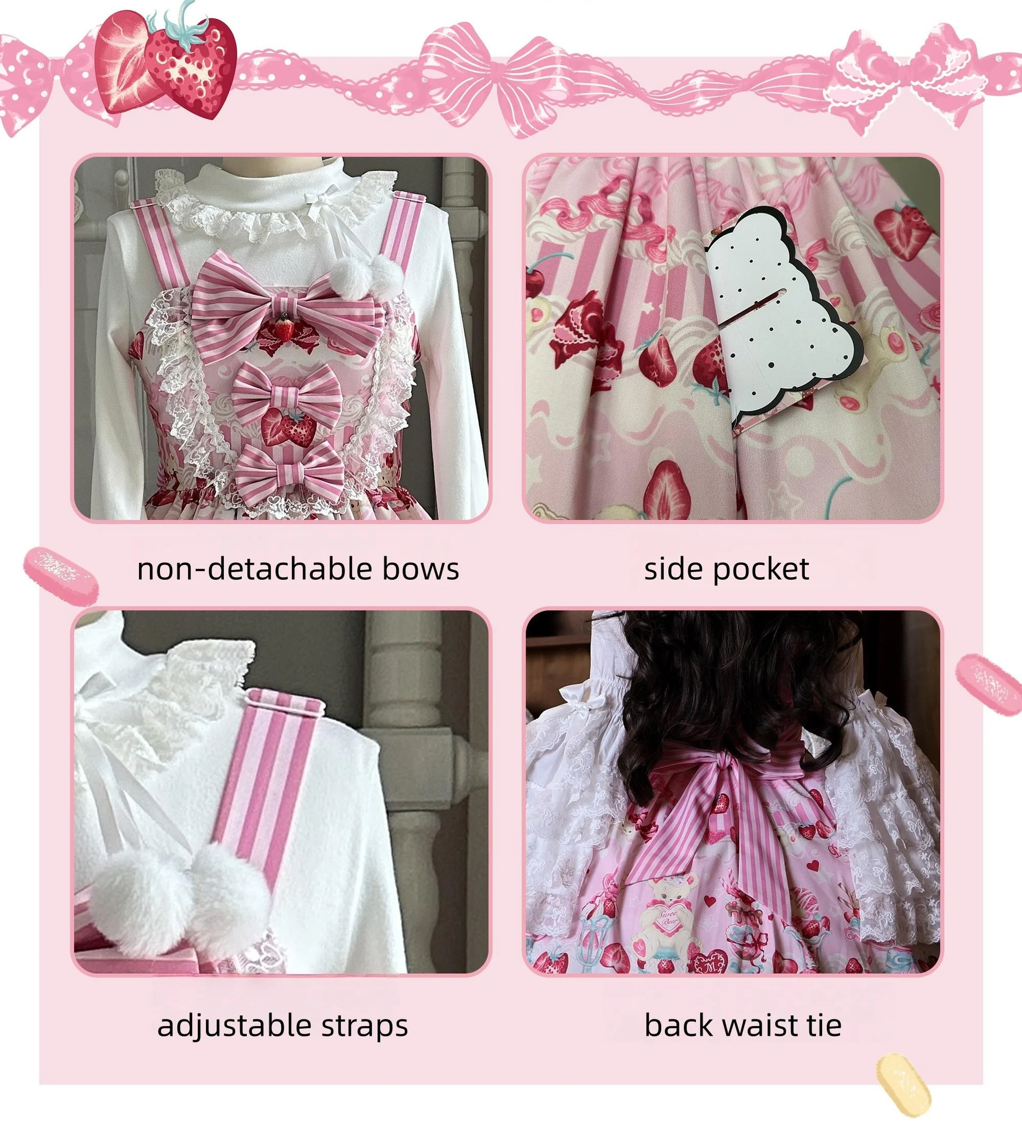 Strawberry Parfait - Strawberry Print Sweet Lolita JSK Dress, Side Pocket - Image 15
