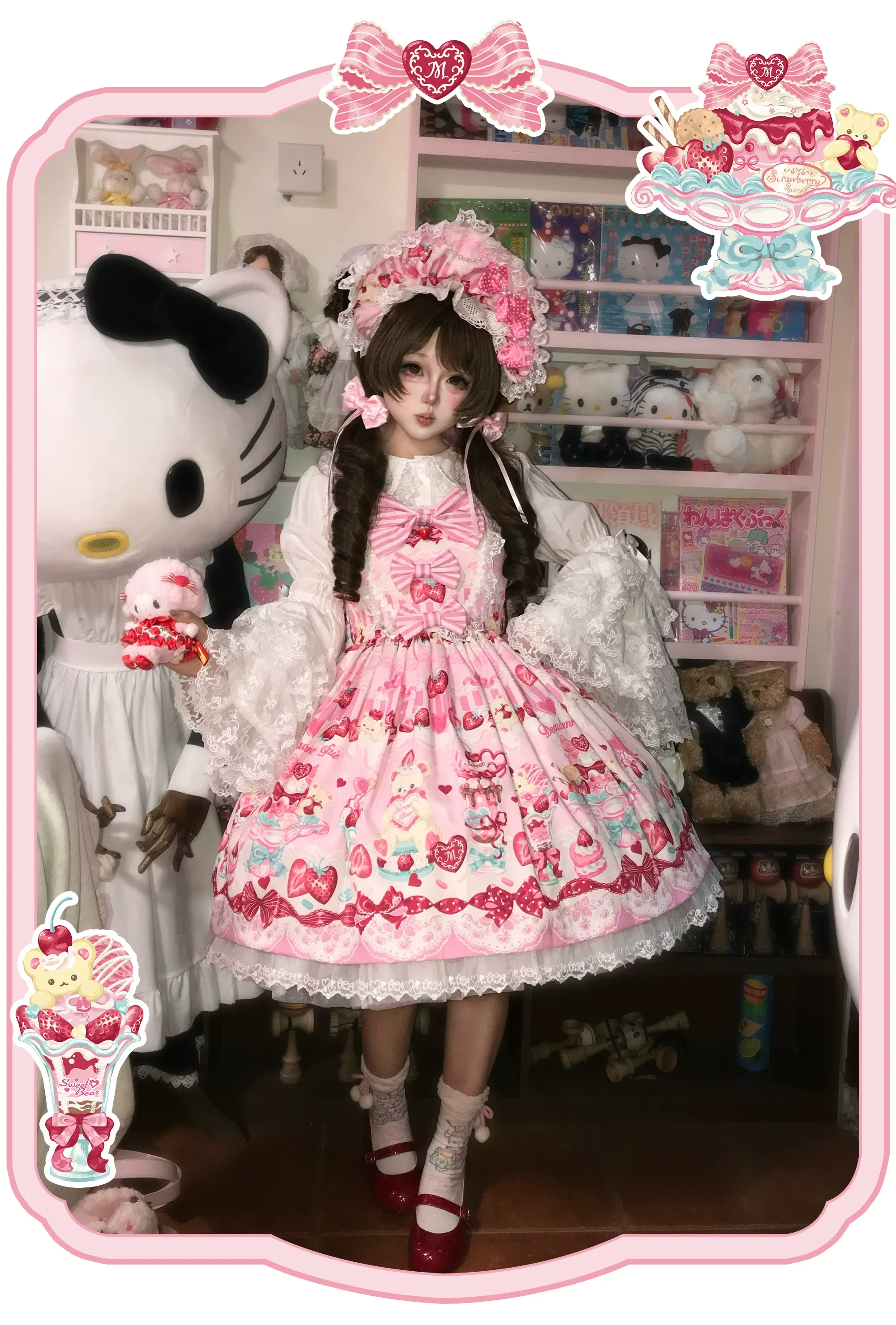 Strawberry Parfait - Strawberry Print Sweet Lolita JSK Dress, Side Pocket - Image 8