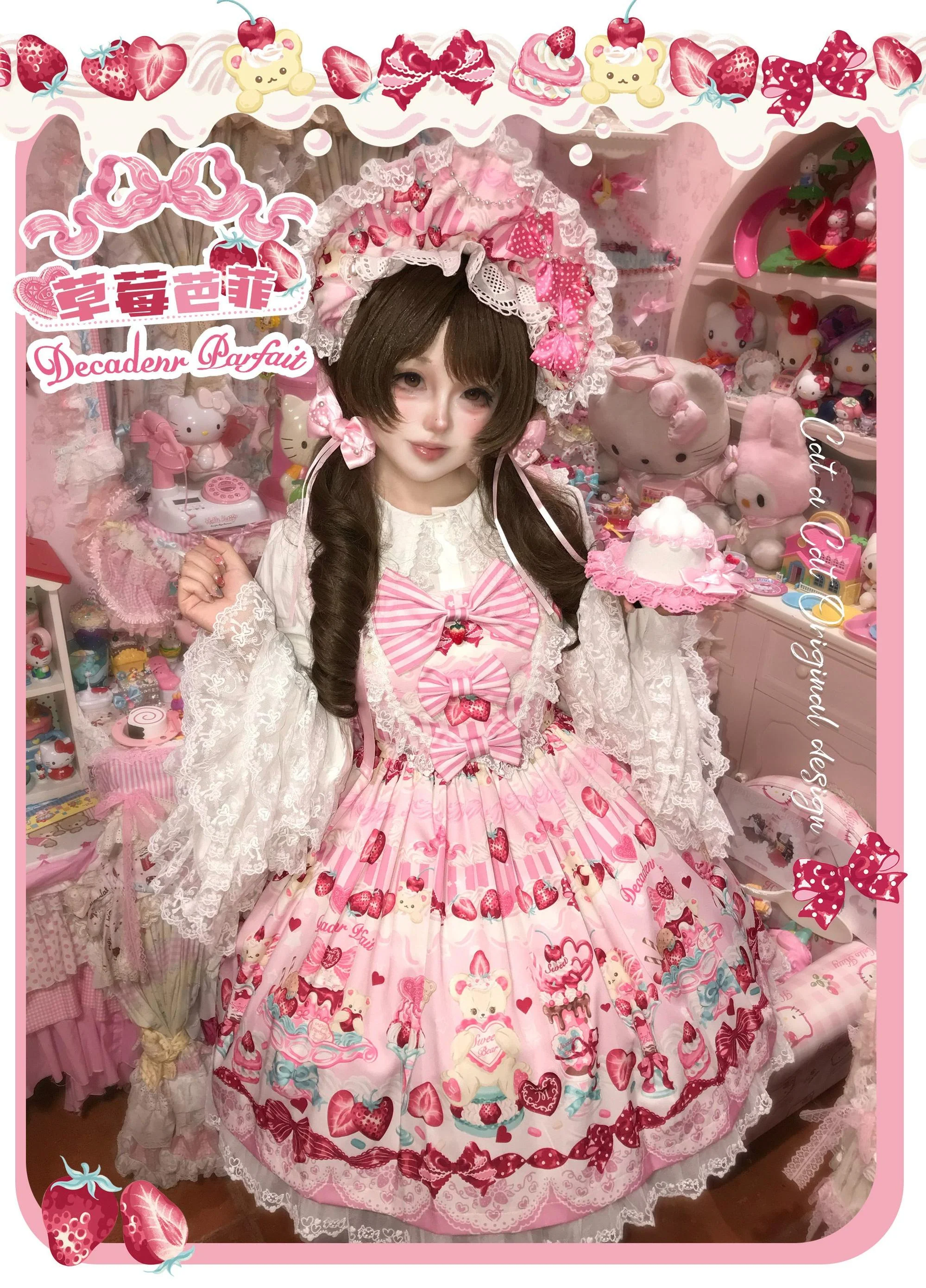 Strawberry Parfait - Strawberry Print Sweet Lolita JSK Dress, Side Pocket - Image 9